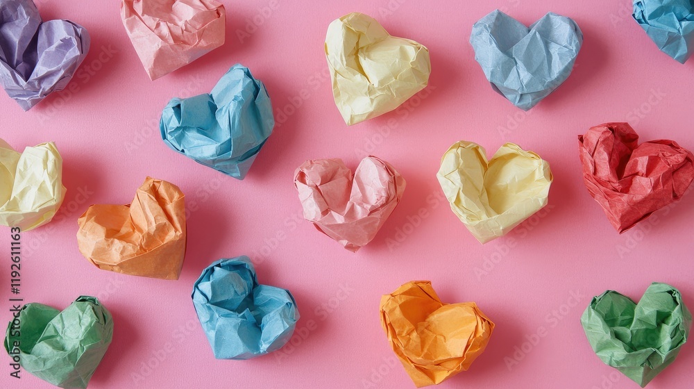 Poster Crumpled paper hearts in various colors scattered on a pink background creating a playful and whimsical decorative scene