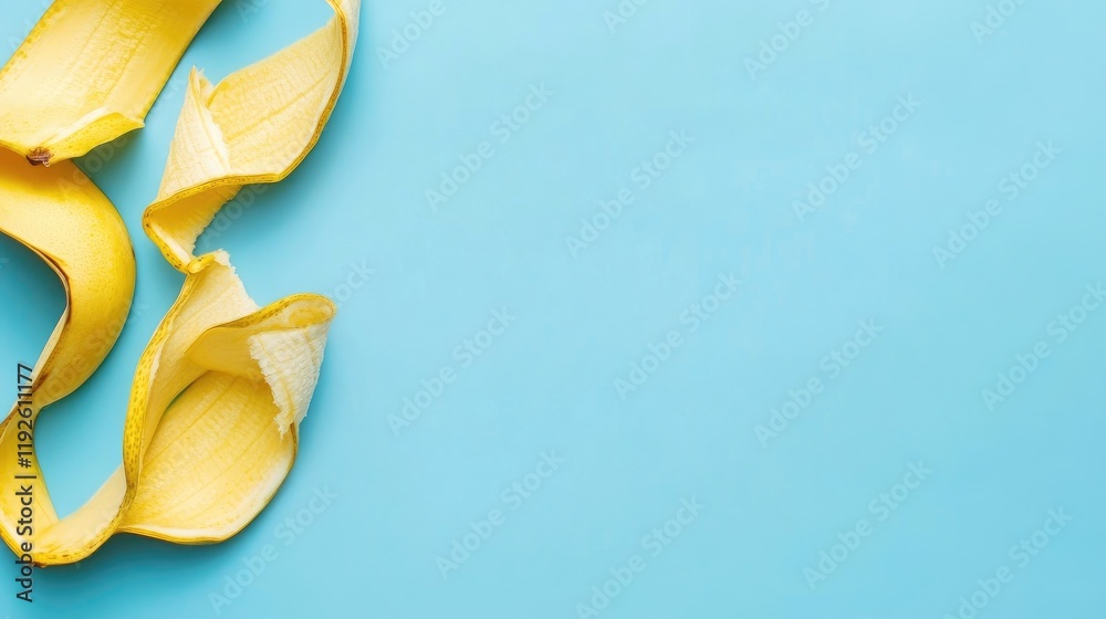 Poster Banana peel against a blue background showcasing vibrant color contrast with ample empty space for design and text integration