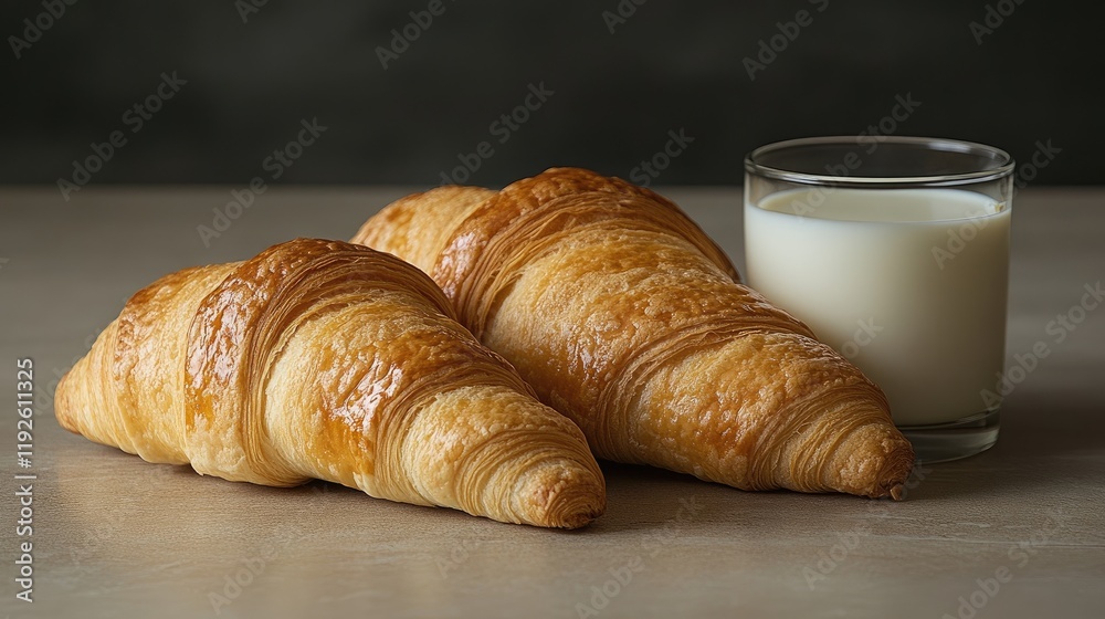 Poster freshly baked croissants served with a glass of milk on a rustic wooden table creating a cozy breakf