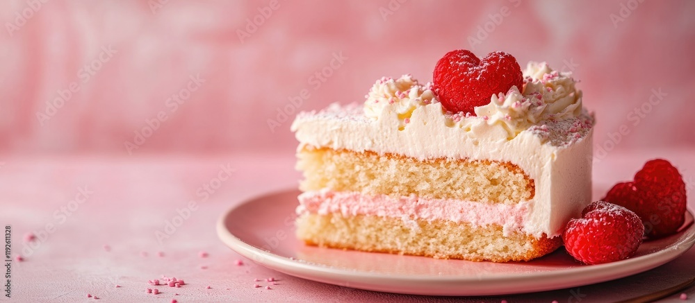 Poster heart shaped cake slice on a pink plate with soft sponge base and fluffy topping perfect for dessert