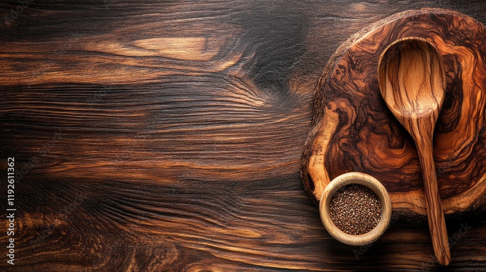 Poster aerial view of wooden table displaying empty space for ingredients with wooden spoon and decorative 