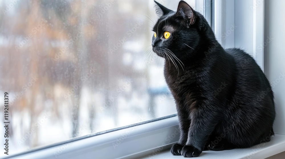 Poster Black cat with striking yellow eyes gazing out the window in warm sunlight creating a serene atmosphere with copyspace for text.