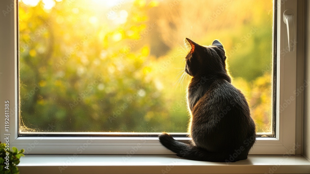 Poster black cat with yellow eyes sitting by a sunlit window enjoying peaceful tranquility with space for t