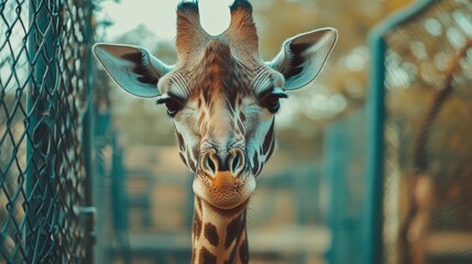 Close up portrait of a giraffe with soft focus in a serene environment highlighting its unique features and gentle expression