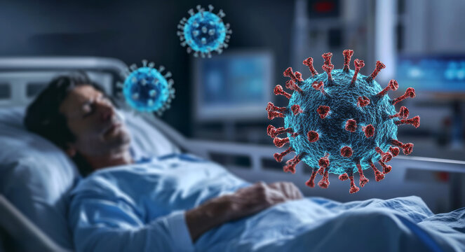  patient in a hospital bed  and a virus, with an animated style depiction of the virus. 
