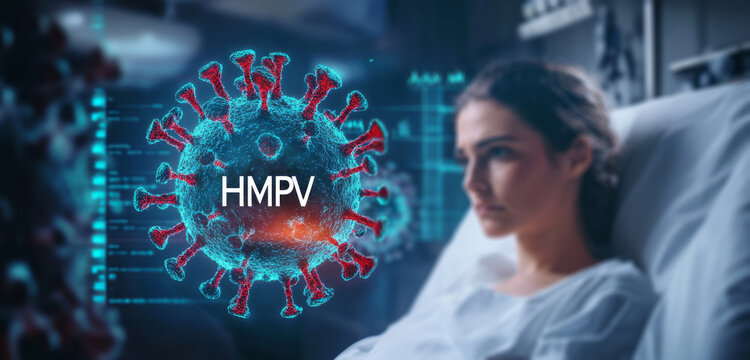  patient in a hospital bed  and a virus, with an animated style depiction of the virus. 