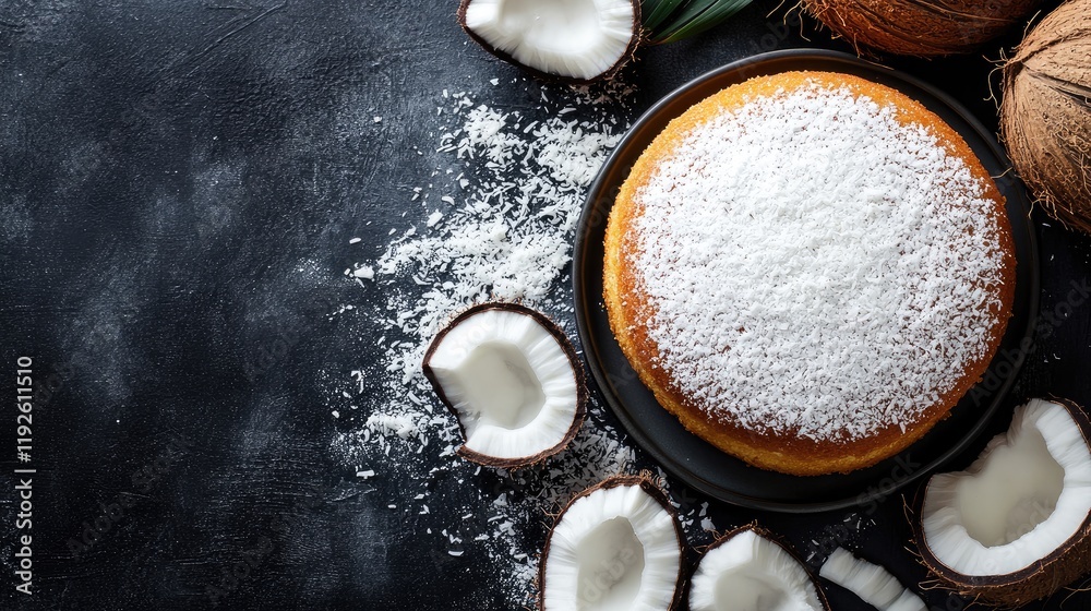Poster coconut cake topped with shredded coconut surrounded by fresh coconuts and coconut flakes on a dark 