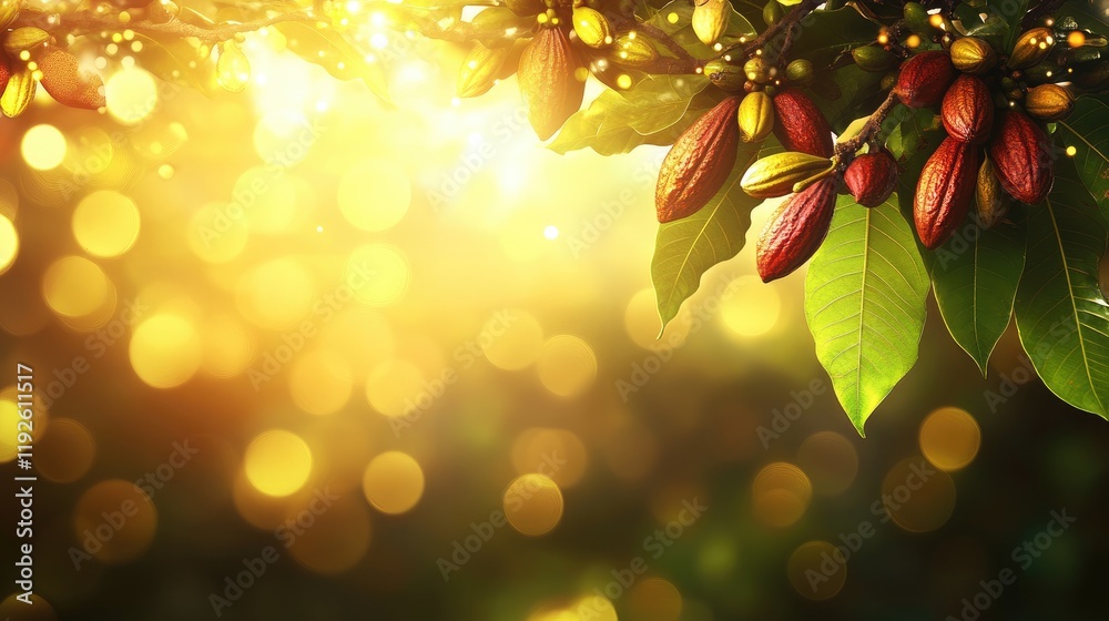 Aufkleber Cocoa tree branch with vibrant fruits set against a dreamy yellow bokeh background capturing nature's beauty and warmth.