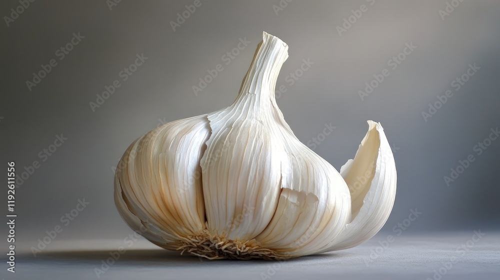 Poster artistic portrayal of garlic bulb with unique shapes and textures on a minimalist background for cul
