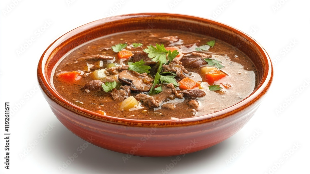 Aufkleber savory soup featuring fresh vegetables and mushrooms in a rustic ceramic bowl on a clean white backg