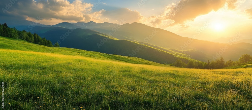 Poster Scenic panoramic view of lush green mountain meadows under a vibrant sky at sunset with ample space for adding text or graphics