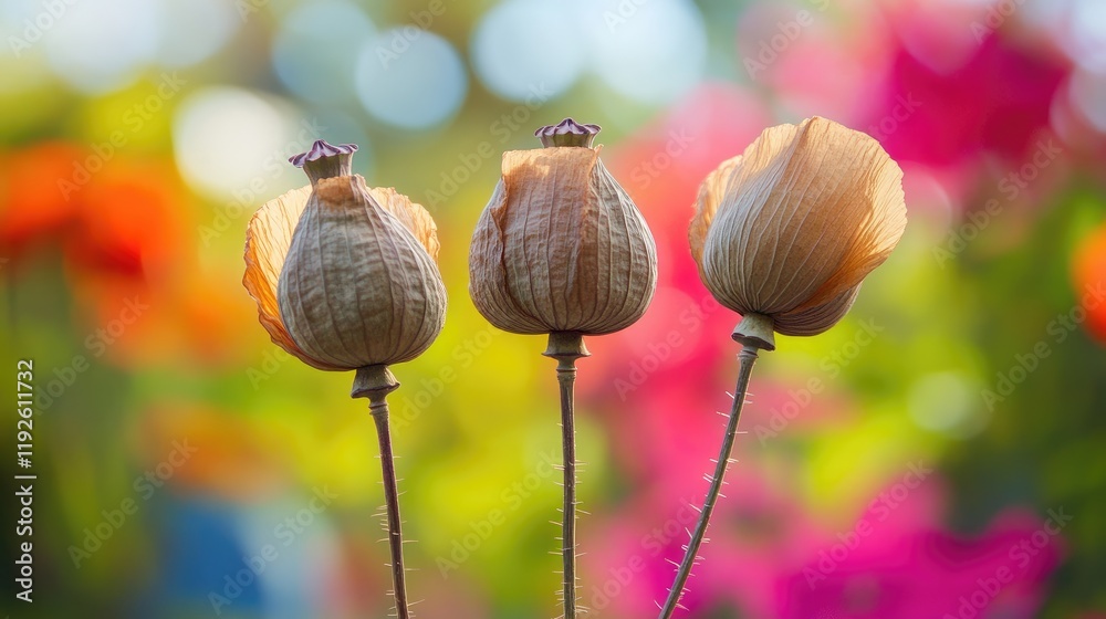 Poster dried poppy pods in soft bokeh foreground with vibrant garden flowers creating a serene and artistic