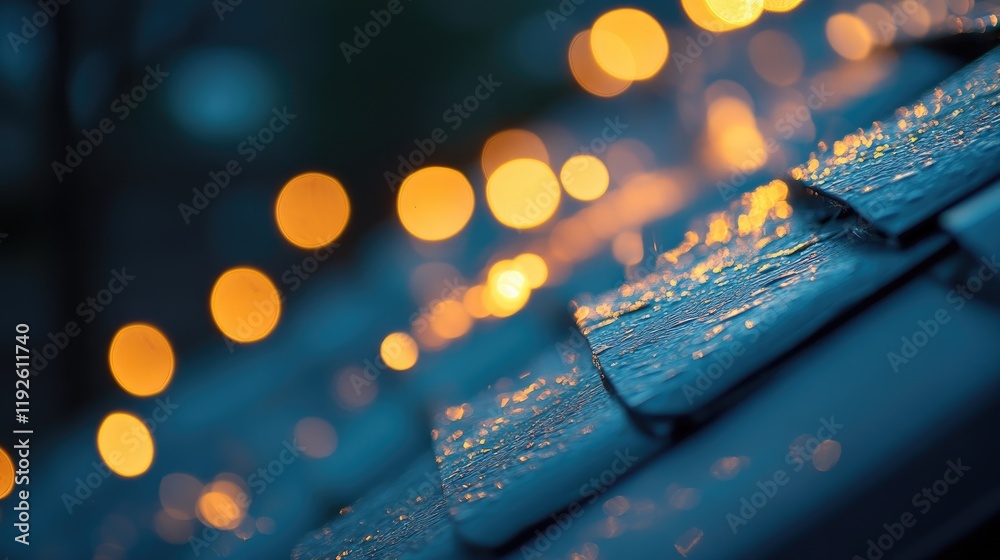 Poster Bokeh Effect on Rainy Roof Tiles with Glowing Orbs Creating a Dreamy Mood in Soft Focus Background