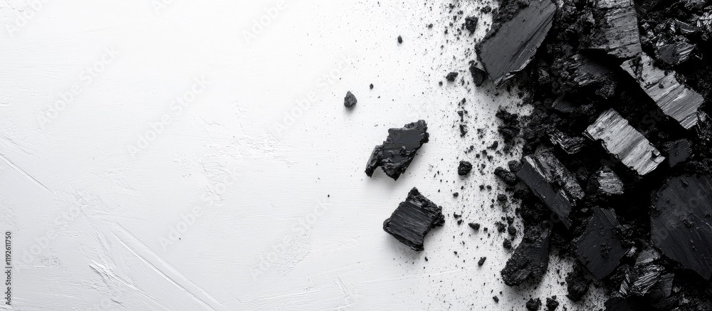 Poster black charcoal pieces and scattered fragments on white surface with blank space for text and minimal