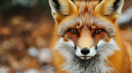 Fototapeta premium Close up portrait of a red fox with striking facial features and captivating eyes amidst a blurred natural background
