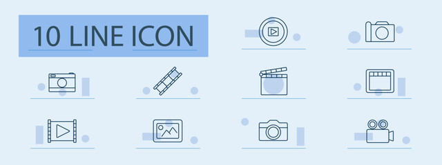 Photography and video set icon. Camera, film reel, clapperboard, video player, gallery, multimedia tools, image, recording device, photography equipment