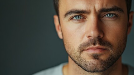 Close up portrait of a focused man with piercing blue eyes against a dark backdrop conveying determination and strength