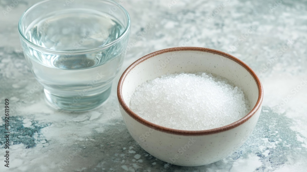 Poster bowl of shredded tapioca alongside a cup of fresh water on a textured surface showcasing a simple an