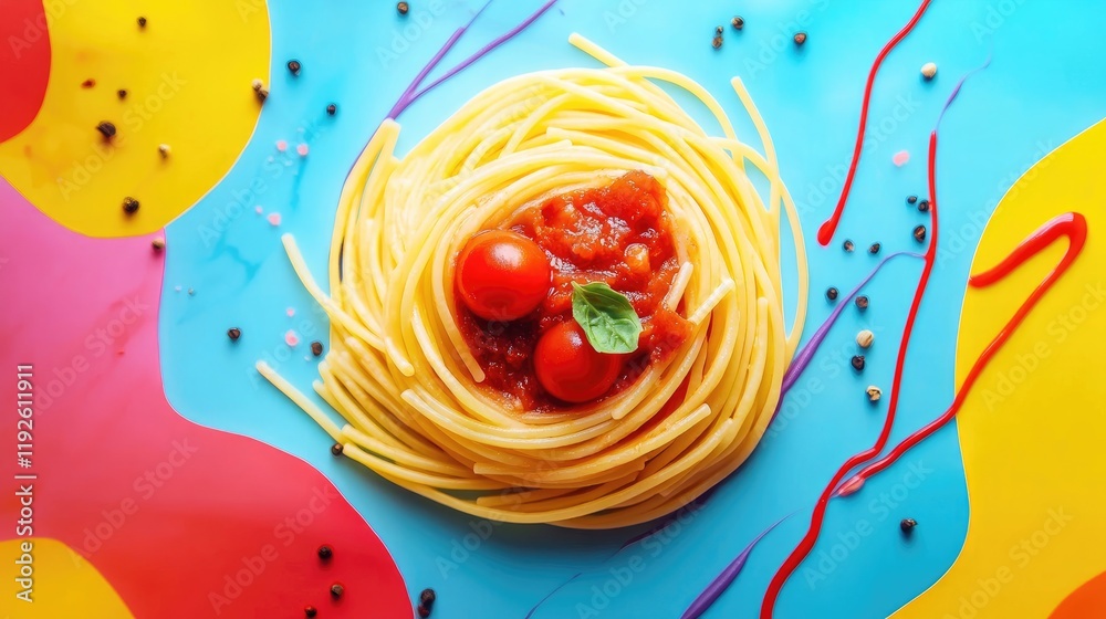 Poster vibrant spaghetti pasta with arrabbiata sauce surrounded by colorful abstract background design