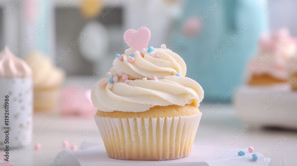 Poster deliciously decorated baby shower cupcake with cream frosting and pastel toppings on a soft backgrou