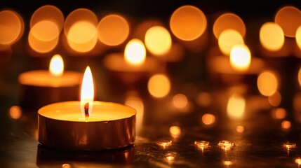 Soothing candlelight illuminating a dark space with warm, glowing reflections creating a tranquil and serene nighttime atmosphere.