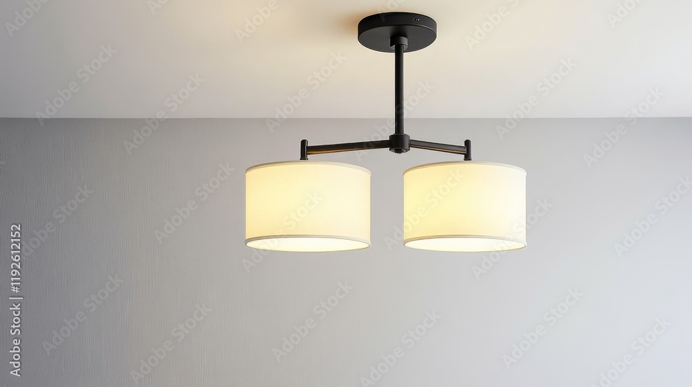Poster modern black ceiling light fixture with dual white lampshades illuminating a minimalist interior spa
