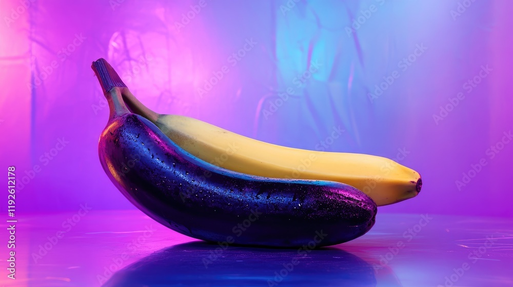 Poster black cavendish and yellow banana on vibrant holographic background with soft lighting and copyspace