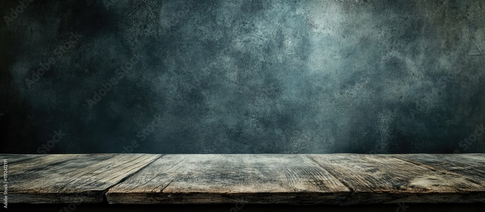 Poster abstract dark grunge background with empty wooden surface for text display and stand up concept in a