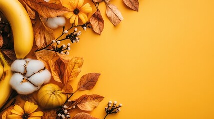 Autumn flat lay with bananas cotton flowers and leaves in warm orange hues seasonal color palette elegant background for seasonal designs