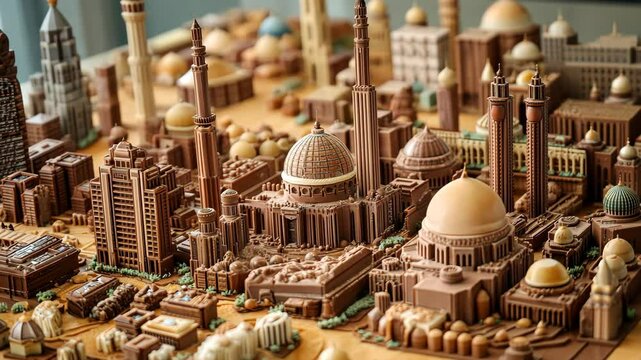 Chocolate city made of intricate structures showcasing famous landmarks and architecture