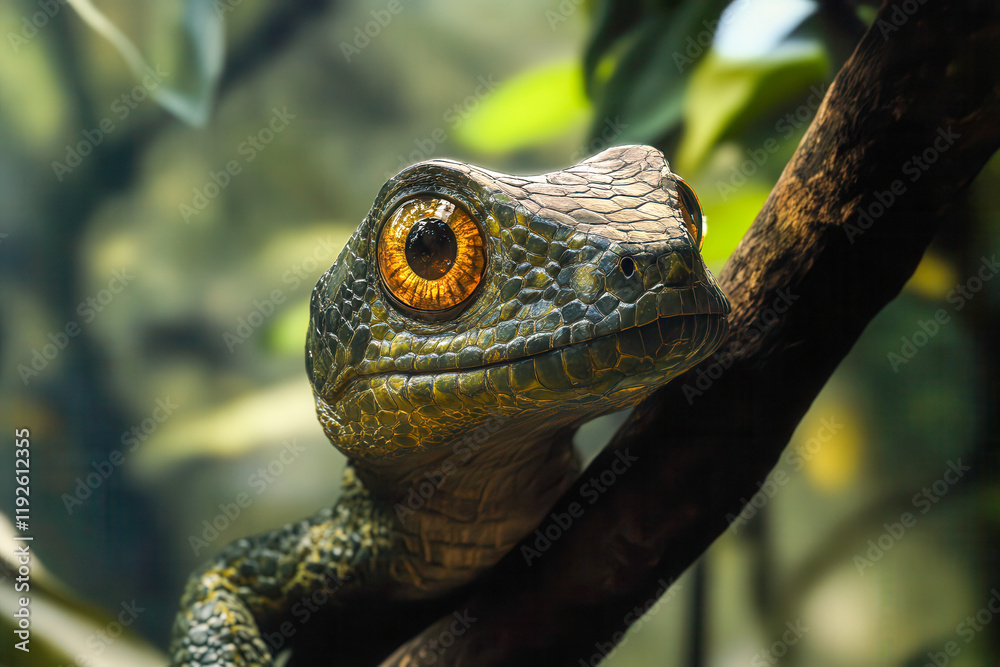 Wall mural Lizard with yellow eye perched on branch showcasing intricate details of biological processes in natural habitat environment