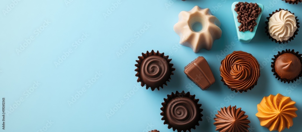 Aufkleber Cake molds and assorted chocolate treats arranged on a blue background with ample empty space for customizable text or creative designs