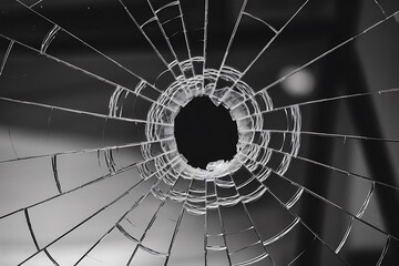 Obraz premium Black-and-white photograph of a shattered window, featuring a central void with spiderweb-like cracks extending outward. Jagged glass shards and intricate patterns evoke depth