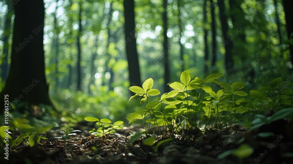 Poster lush green foliage in a serene forest setting with soft sunlight illuminating vibrant plants and tre