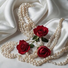 A red rose surrounded by pearls on a white satin cloth.

