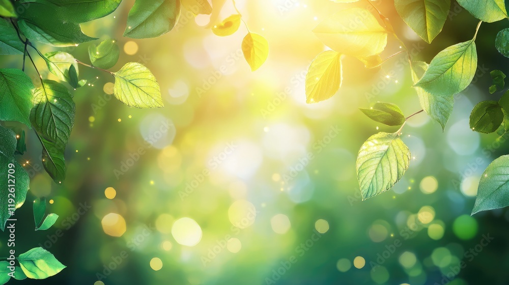 Poster bokeh effect of green leaves with sunlight creating a dreamy nature background for seasonal or envir