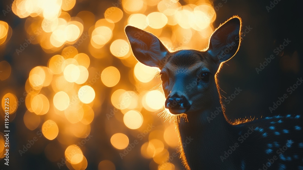 Poster Bokeh effect with a deer silhouette against a golden blurred background creating a serene and enchanting nature scene