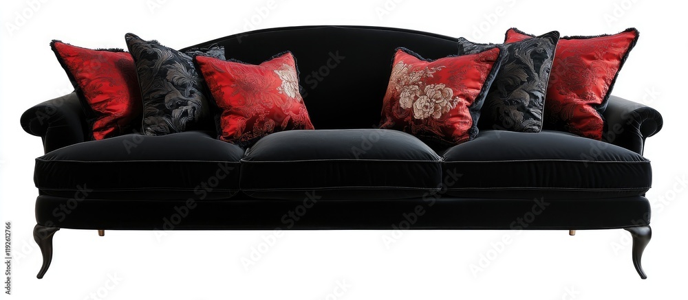 Poster Elegant black couch adorned with decorative pillows showcasing ample copyspace for text and design elements.