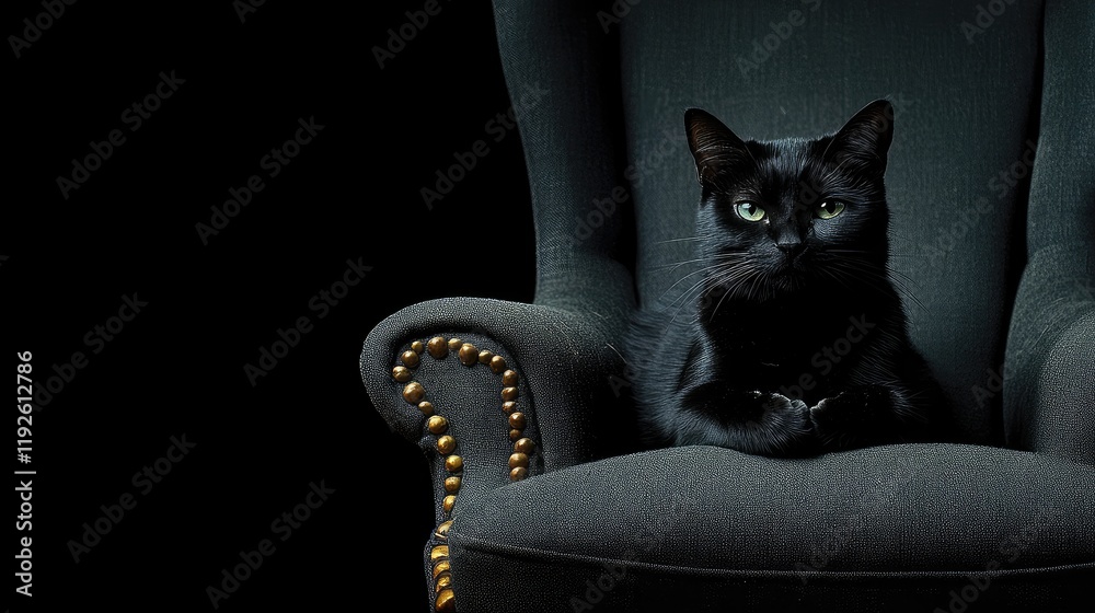 Poster Playful black cat resting elegantly on an armchair with ample copyspace for text in a dark moody setting