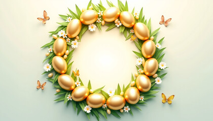 Golden Easter eggs in green foliage and flowers on pastel background