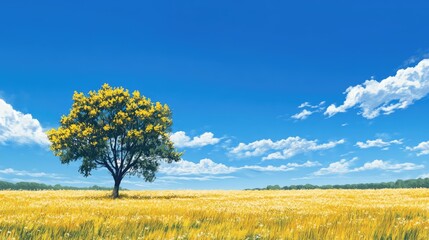 Fototapeta premium Vibrant yellow wattle tree under a clear blue sky with scattered clouds in a picturesque landscape setting