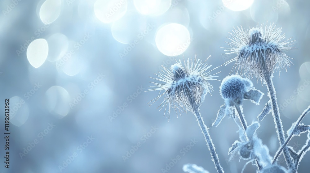 Poster winter bloom abstract with burdock and spindle on silver bokeh background evoking serenity and natur