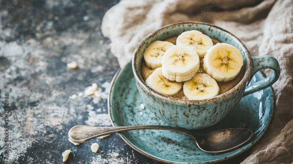 Poster banana muffin topped with banana slices in vintage cup on rustic textured background with a spoon an