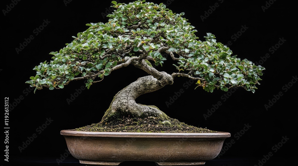 Poster bonsai tree with intricate trunk design beautifully displayed in a traditional pot isolated on a bla
