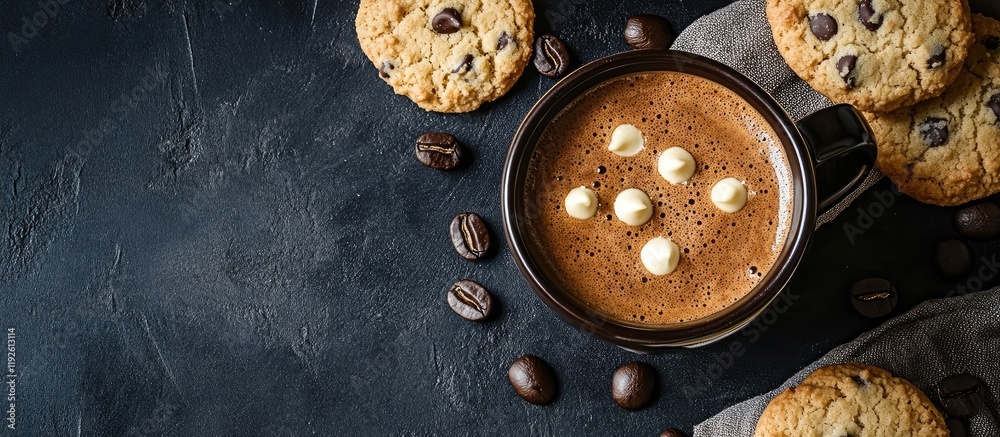 Poster black coffee in a mug with white chocolate chip cookies on dark background perfect for text overlay 
