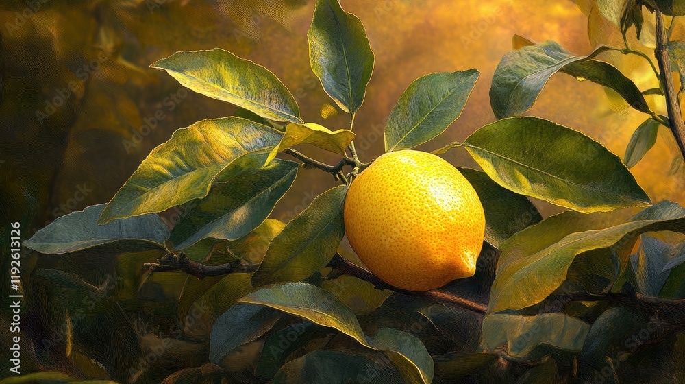 Poster ripe yellow lemon hanging from a tree branch surrounded by lush green leaves in soft natural light s