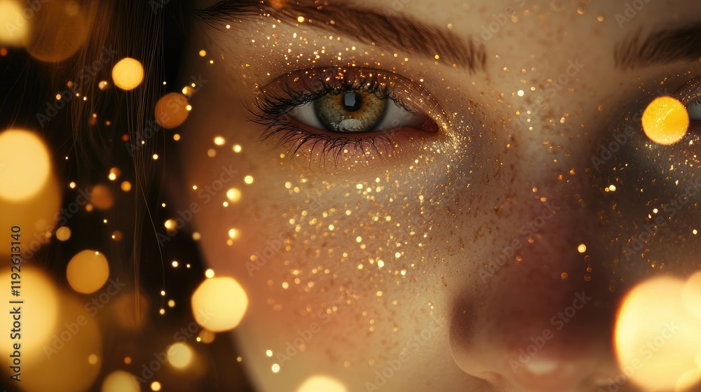 Aufkleber Close-up of a woman's eye with golden bokeh lights and sparkling glitter creating a dreamy abstract background effect.