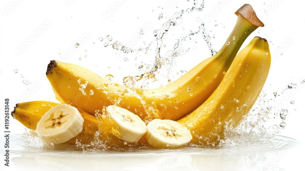 Poster bananas splashing in water creating dynamic ripples against a clean white background showcasing fres
