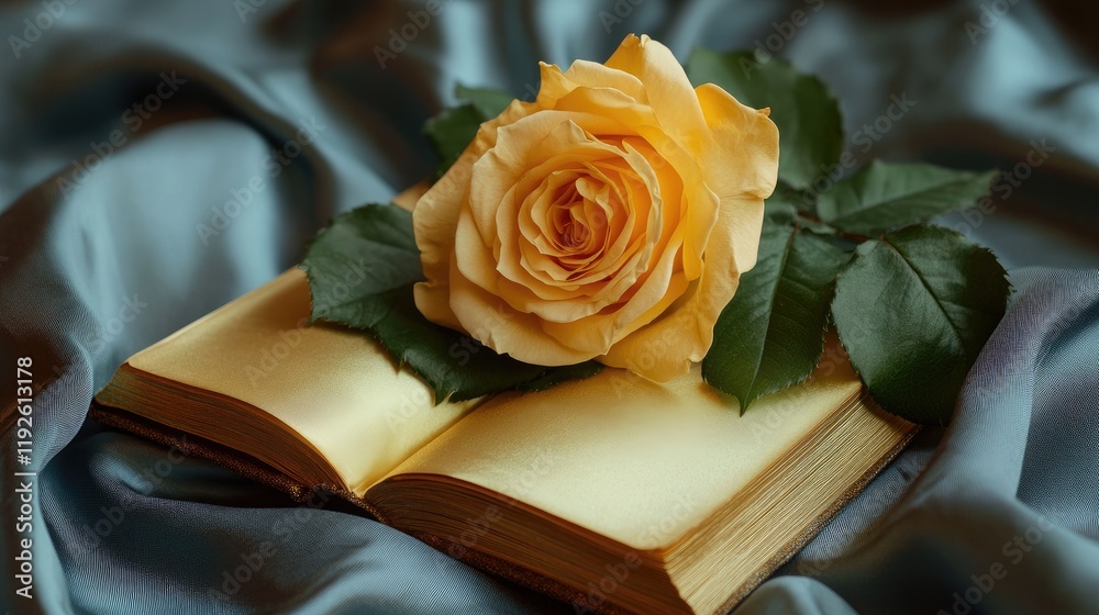 Aufkleber Elegant open book adorned with a yellow rose placed on luxurious silk fabric background creating a serene and romantic atmosphere.