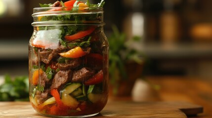 Colorful beef salad layered in a mason jar showcasing fresh vegetables and herbs on a rustic wooden surface. Perfect for healthy meal prep.